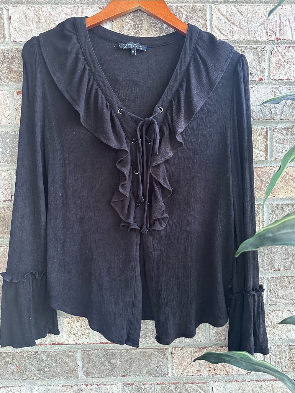 Whimsigoth Zele Black Ruffle Lace-Up Blouse medium